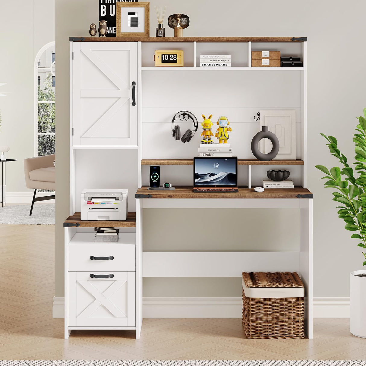 Farmhouse Executive Desk 51" Computer Desk with 2 Drawers Storage Cabinet and RGB LED Lights Power Outlets, Wood Home Office Desk with Hutch and Monitor Stand for Work Study Writing Halitaa