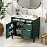 36'' Bathroom Vanity with Top Single Resin Sink Countertop, Solid Wood Frame Modern Storage Cabinet, Tip-Out Drawer, Soft Closing Doors, Green Merax