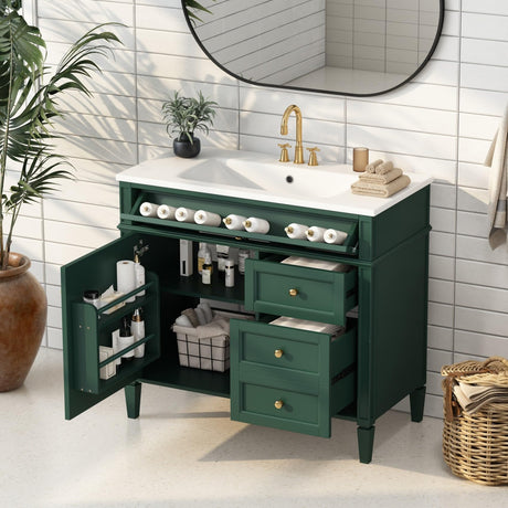 36'' Bathroom Vanity with Top Single Resin Sink Countertop, Solid Wood Frame Modern Storage Cabinet, Tip-Out Drawer, Soft Closing Doors, Green Merax