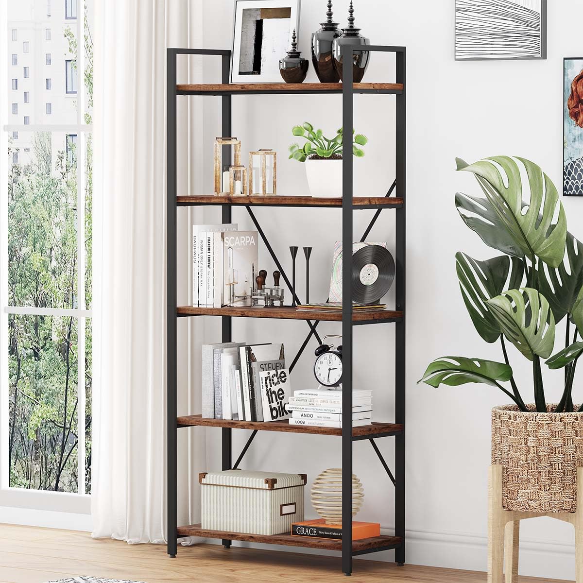 BON AUGURE 5-Tier Rustic Oak Industrial Bookshelf with Metal Frame - WoodArtSupply