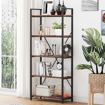 BON AUGURE 5-Tier Rustic Oak Industrial Bookshelf with Metal Frame
