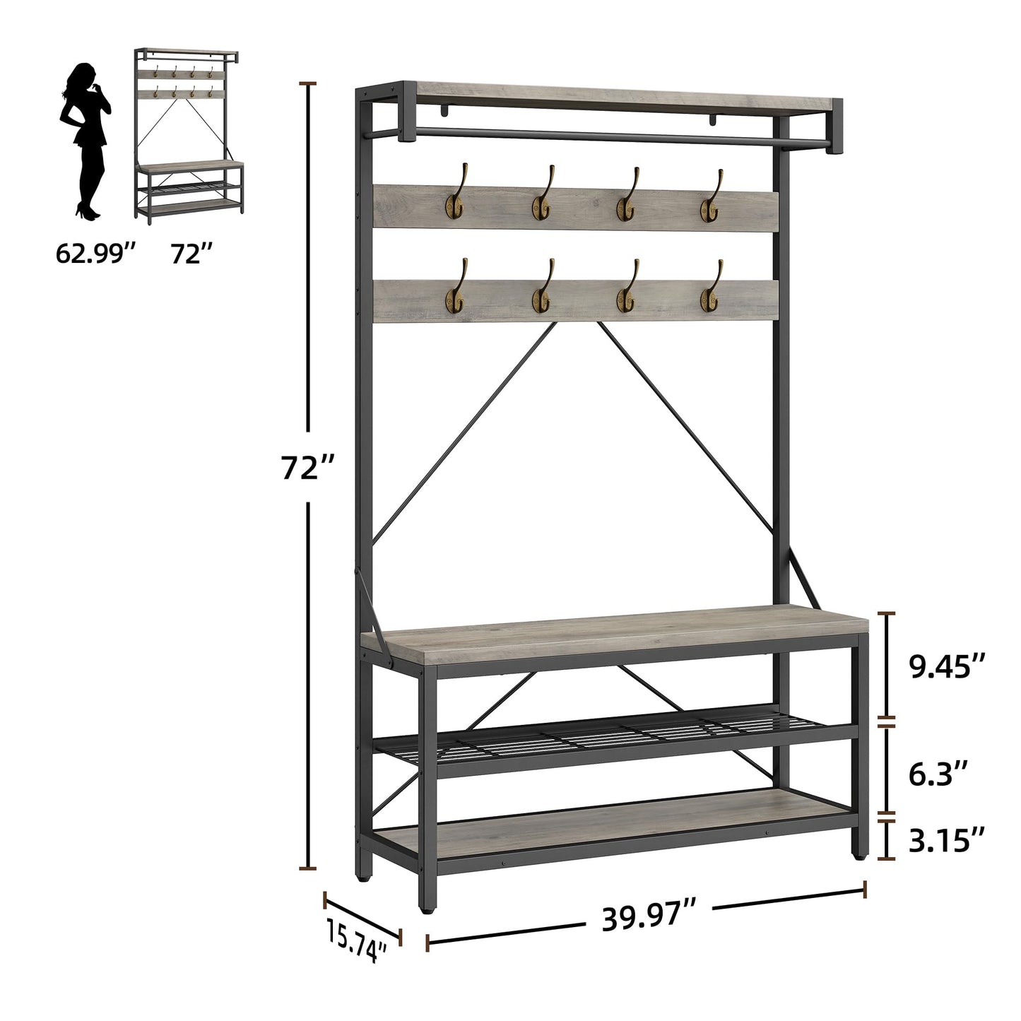 IDEALHOUSE Coat Rack Shoe Bench Industrial Hall Tree Storage Bench for Entryway Wood Look Accent Large Shoe Rack Bench with Storage Shelf Hanging Bar,8 Hooks Grey 39.9"x15.7"x72" - WoodArtSupply