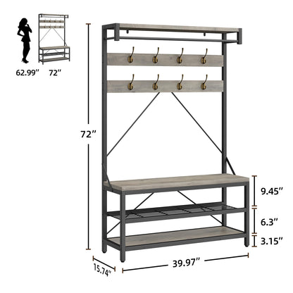 IDEALHOUSE Coat Rack Shoe Bench Industrial Hall Tree Storage Bench for Entryway Wood Look Accent Large Shoe Rack Bench with Storage Shelf Hanging Bar,8 Hooks Grey 39.9"x15.7"x72"