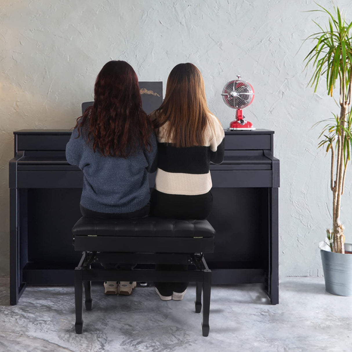 AKVOMBI Adjustable Duet Piano Bench with Storage, Heavy Duty Double Piano Benches with Leather Cushion, Black Piano Bench for Adults, 13.8" D x 31.5" AKVOMBI