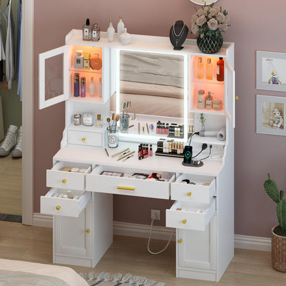 White Large Vanity Desk with Mirror,Lights and Charging Station,Make up Vanity Mirror with 3 Lights Mode and Brightness Adjusted by Touch Button and 6 Drawers,4 cabinets,2 cabinets with RGB L - WoodArtSupply