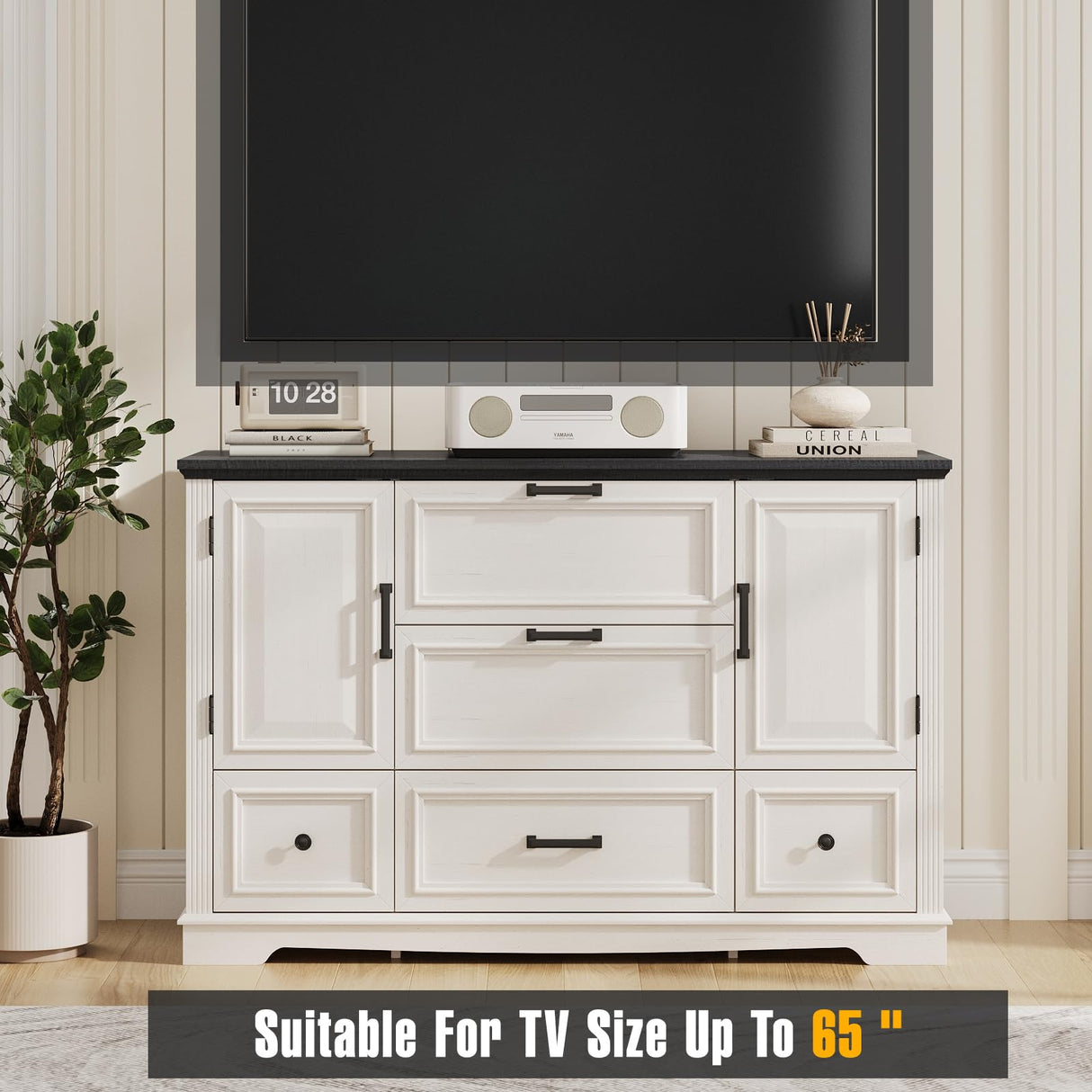 Maupvit Farmhouse 48" Buffet Cabinet with Storage,Coffee Bar Cabinet for Kitchen,Living Room,Wood Rustic Sideboard Cabinet w/5 Drawers&2 Grooved Doors,White Maupvit