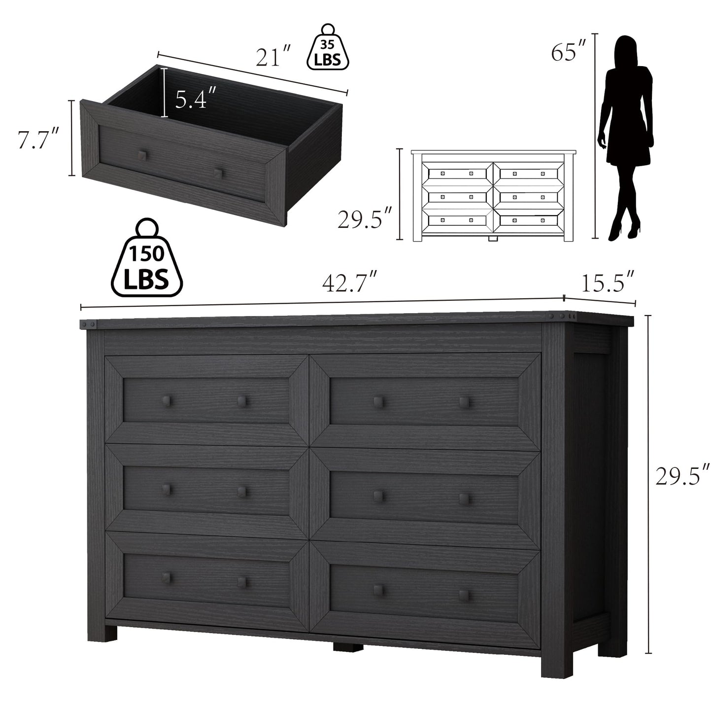 Dresser for Bedroom with 6 Drawers, Farmhouse Wood Chest of Drawers, Wide TV Stand Closet Storage Furniture with Metal Handle, Modern Clothes Organizer for Hallway, Living Room, Entryway, Black