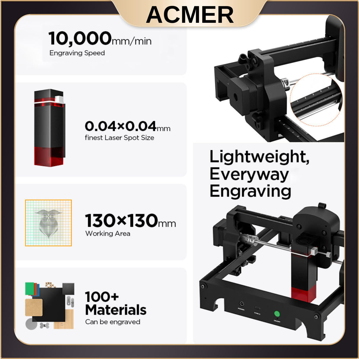 ACMER S1 Laser Engraver for Beginner Mini Laser Engraving Machine for Wood Metal, Laser Class4 (S1 3500mW) ACMER