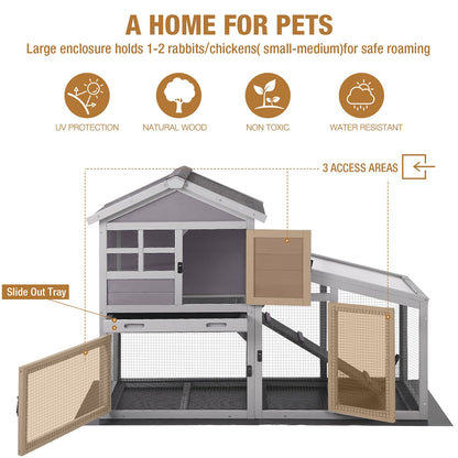 GUTINNEEN Rabbit Hutch for Outdoor Indoor Use, Bunny Cage with PVC Layer and Bottom Wire Netting, Wooden Chicken Coop Rabbit House with UV Roof, Leakproof Tray, Run - WoodArtSupply