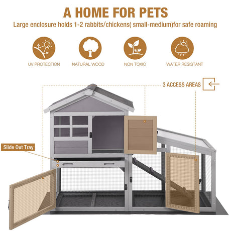 GUTINNEEN Rabbit Hutch for Outdoor Indoor Use, Bunny Cage with PVC Layer and Bottom Wire Netting, Wooden Chicken Coop Rabbit House with UV Roof, Leakproof Tray, Run GUTINNEEN