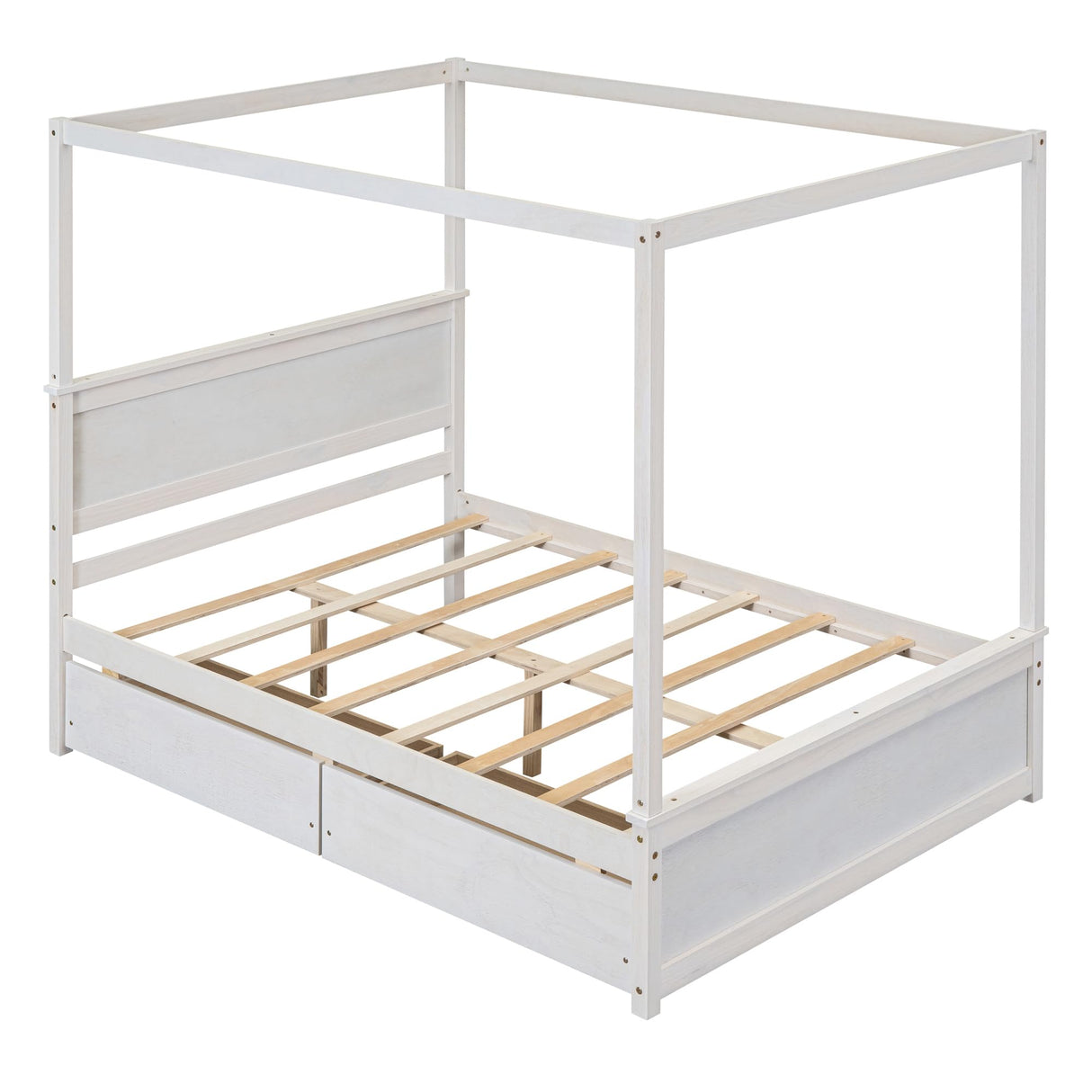 Quarte Canopy Bed, Full Size Canopy Platform Bed with Two Storage Drawers, Wood Bed Frame with Support Slats, Bedroom Furniture for Kids Teens Adults (Brushed White3) Quarte