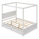 Quarte Canopy Bed, Full Size Canopy Platform Bed with Two Storage Drawers, Wood Bed Frame with Support Slats, Bedroom Furniture for Kids Teens Adults (Brushed White3) Quarte