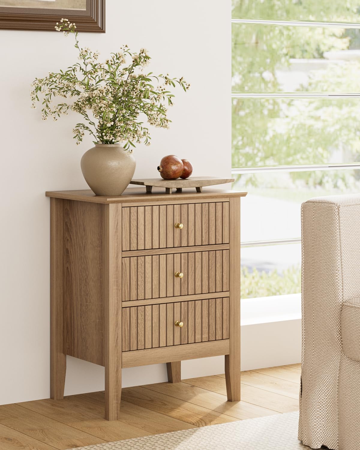 Apetaccat Fluted Nightstand, Farmhouse Night Stand with 3 Drawers, Mid Century Modern Side Accent Table,Bedside End Table for Bedroom, Living Room, Natural Apetaccat