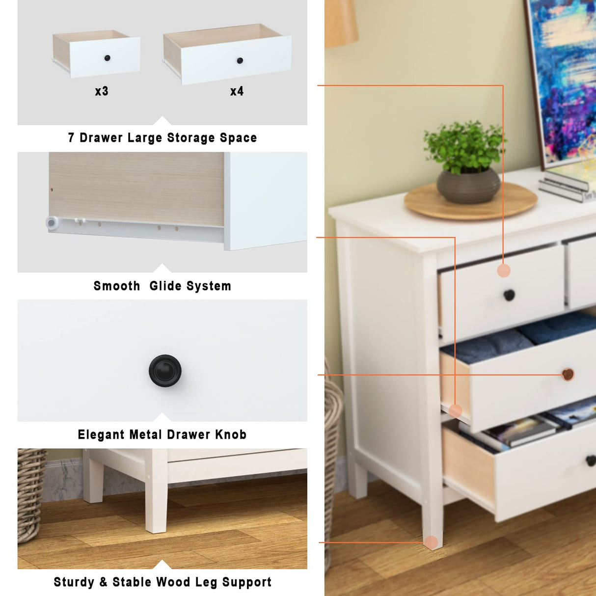 CARPETNAL White Modern Dresser for Bedroom, 7 Drawer Double Dresser with Wide Drawer and Metal Handles, Wood Dressers & Chests of Drawers for CARPETNAL