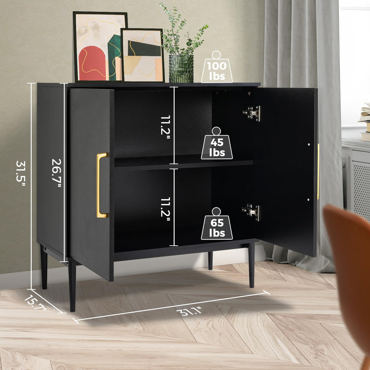 REHOOPEX Storage Cabinet with Doors, Modern Black Accent Cabinet, Free Standing Cabinet, Wooden Buffet Sideboards for Bedroom, Kitchen,Home Office REHOOPEX