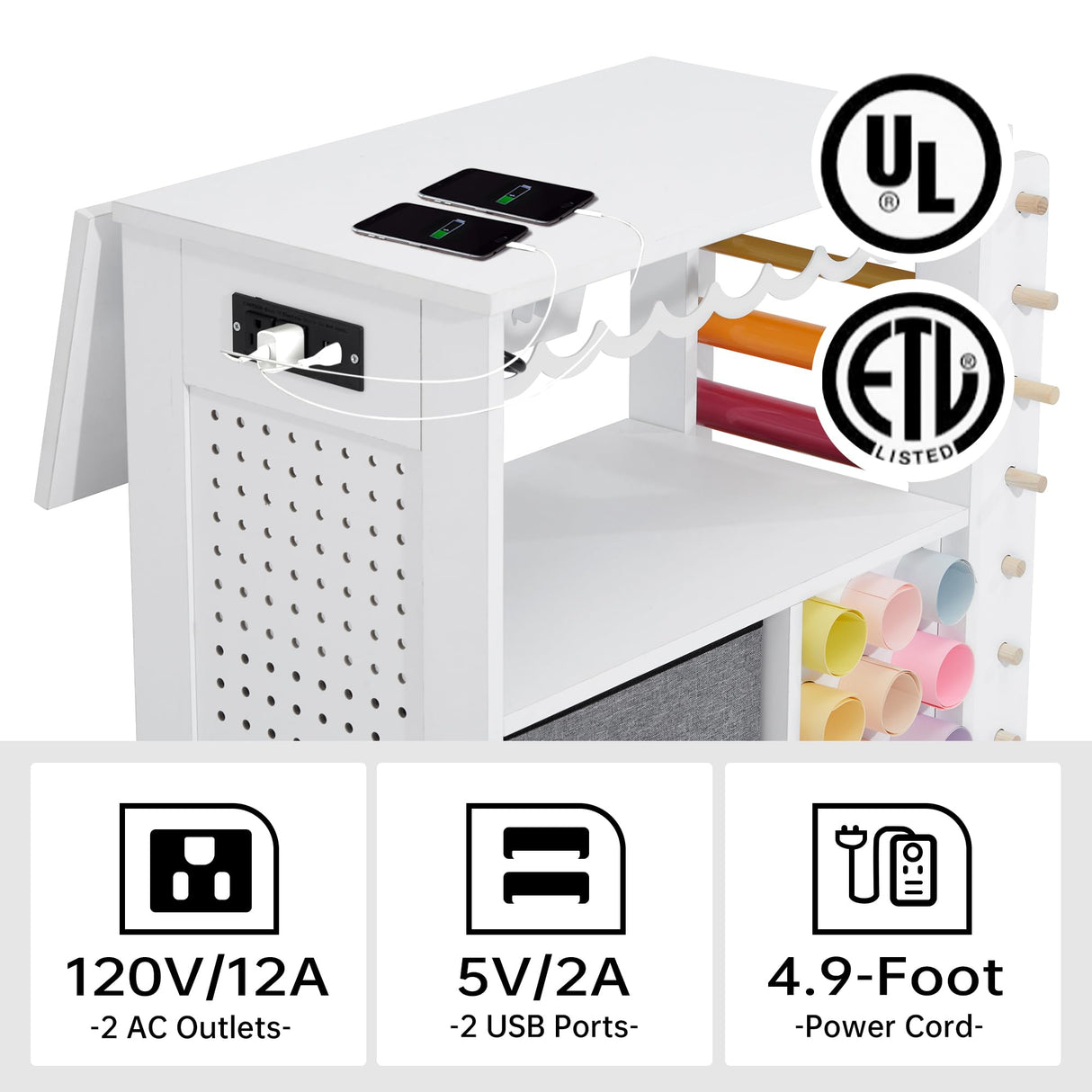CRAFTEASE Rolling Craft Cart and Storage Table Compatible with Craft Machines Foldable Crafting Cabinets w/2 USB Ports and Outlets 31 Vinyl Rolls Holder Heat Press Organizer Workstation for Craft Room CRAFTEASE
