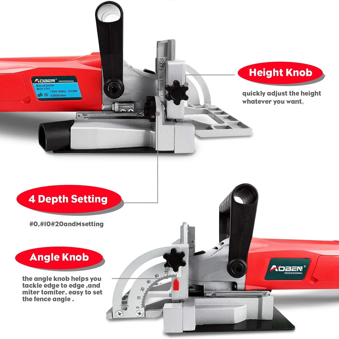 AOBEN Biscuit Cutter Plate Joiner 8.5 Amp With No. 0 Wood(30 Pcs) No. 10 Wood(30 Pcs) No. 20 Wood(50 Pcs), 4" Tungsten Carbide Tipped Blade, Adjustable Angle And Dust Bag - WoodArtSupply