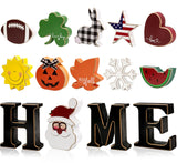 Interchangeable Home Table Signs with 11Pcs Seasonal Icons, Wooden "HOME" Letter Signs Interchangeable Holiday Decorative Table Shelf Centerpiece for Holiday Room Decoration Medoore