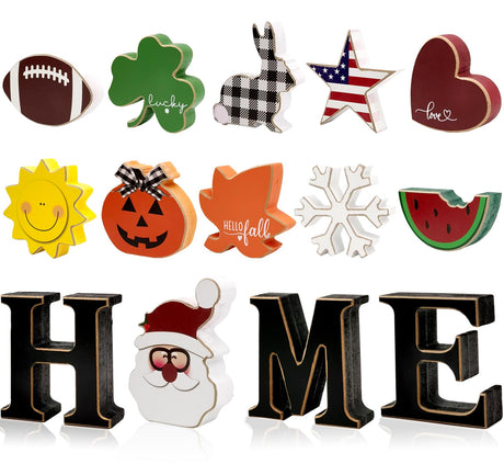 Interchangeable Home Table Signs with 11Pcs Seasonal Icons, Wooden "HOME" Letter Signs Interchangeable Holiday Decorative Table Shelf Centerpiece for Holiday Room Decoration Medoore