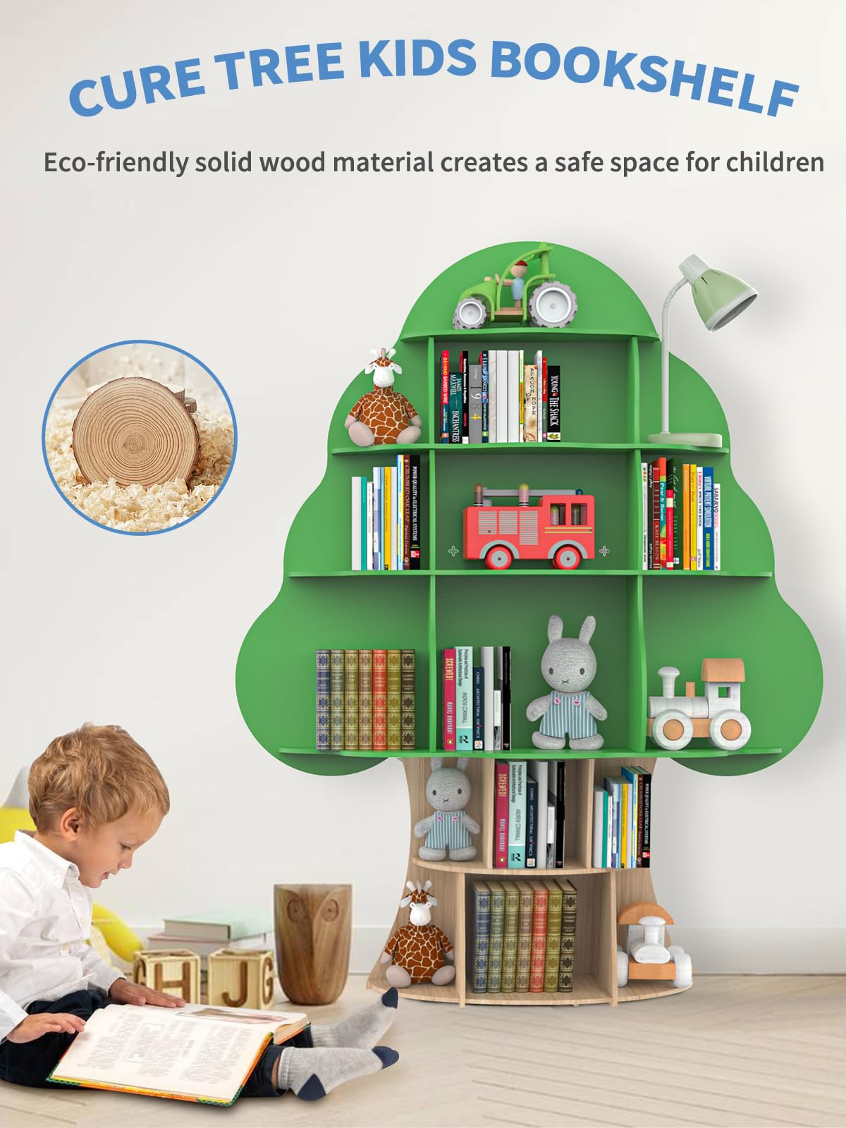 Tree Kids Bookshelf, Toddler Wood Bookcase, 16-Cubby Children Toy Storage Organizer Book Shelf for Kids Rooms, Nursery, Bedroom, Living Room, Classroom, Boy Girl’s Gift (Green Tree) Bear Qiaqia