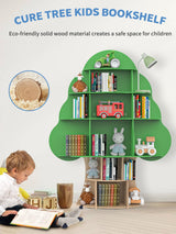 Tree Kids Bookshelf, Toddler Wood Bookcase, 16-Cubby Children Toy Storage Organizer Book Shelf for Kids Rooms, Nursery, Bedroom, Living Room, Classroom, Boy Girl’s Gift (Green Tree) Bear Qiaqia
