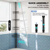 Corner Shower Caddy Tension Pole: Stainless Steel Rustproof 4-Tier Shower Organizer - 47-121 inch Adjustable Bathroom Shelves for Bathtub Shampoo Storage - Tension Rod Floor Standing Bath Rack - Black ESSEME