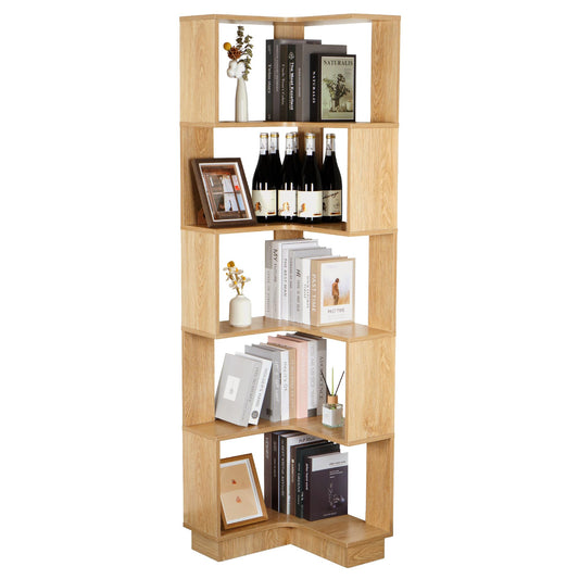 Modern 5-Tier Corner Bookshelf by tonchean - 69" Tall Free-Standing Wooden Storage Solution for Home & Office - WoodArtSupply