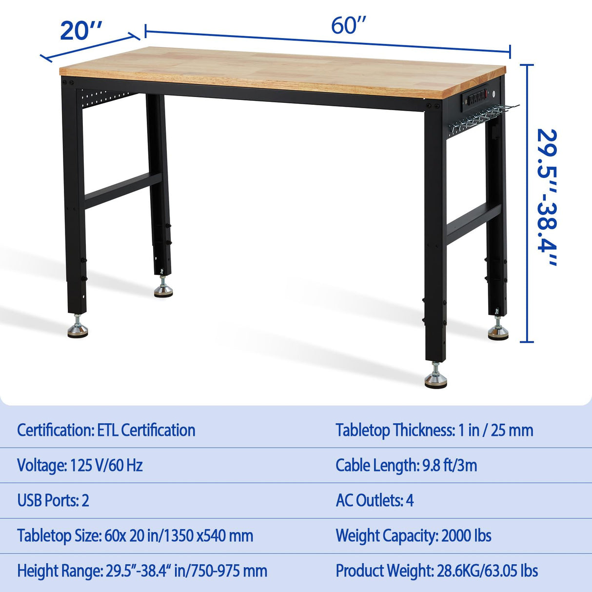 GarveeTech Adjustable Workbench 60"x20", 2000 lbs Load Capacity, Height Adjustable 29.5"-38.4", Ideal Heavy-Duty Garage Worktable with Built-in Power Outlet for Home, Office & Workshop GarveeTech