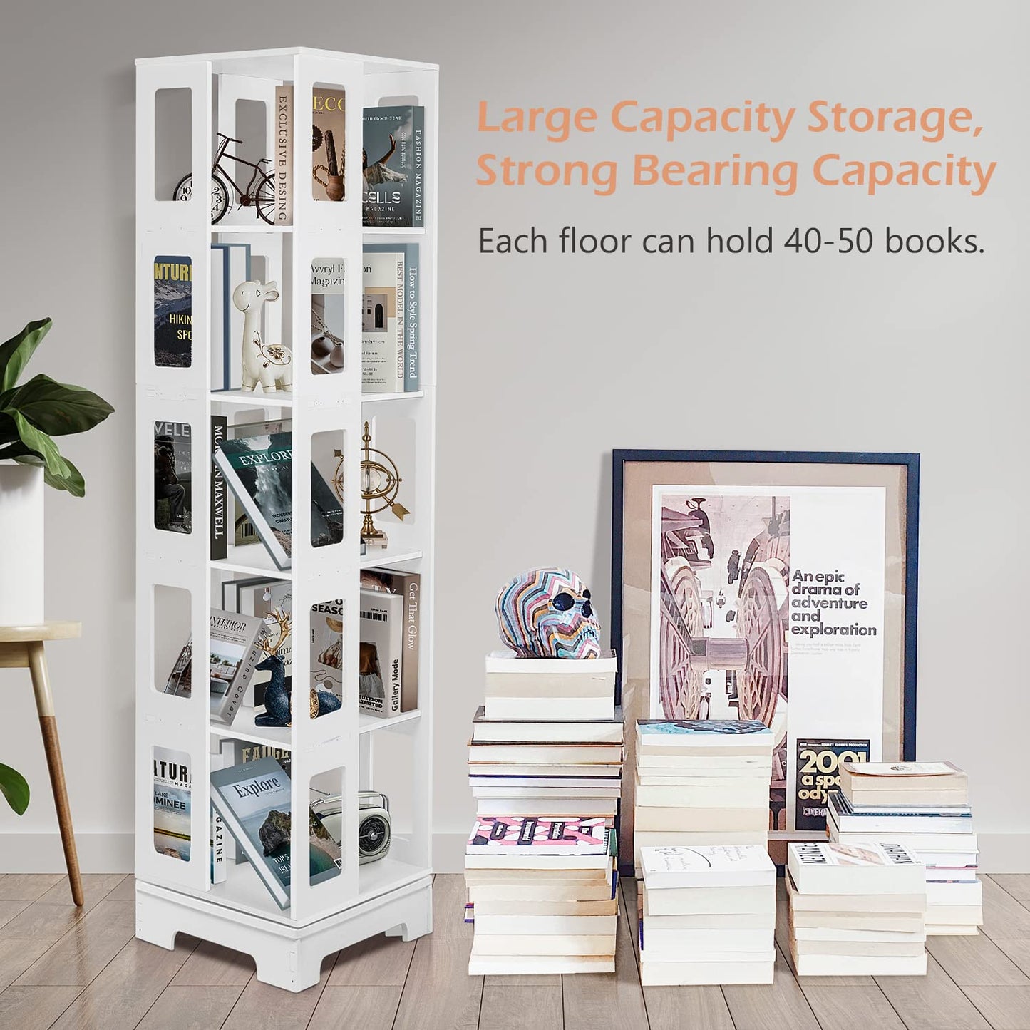 Foriy 5-Tier 360° Rotating White Bookshelf for Kids and Adults - Space-Saving Floor Standing Storage Solution - WoodArtSupply