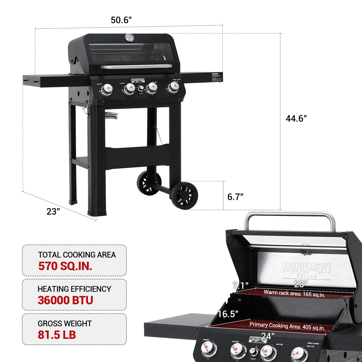 Monument Grills 4-Burner Liquid Propane Gas Grill, Black Stainless Steel Grill with Clearview® Lid and One Foldable Shelve for Outdoor Cooking Kitchen and Patio Backyard, Mesa420MF with BBQ Cover Monument Grills