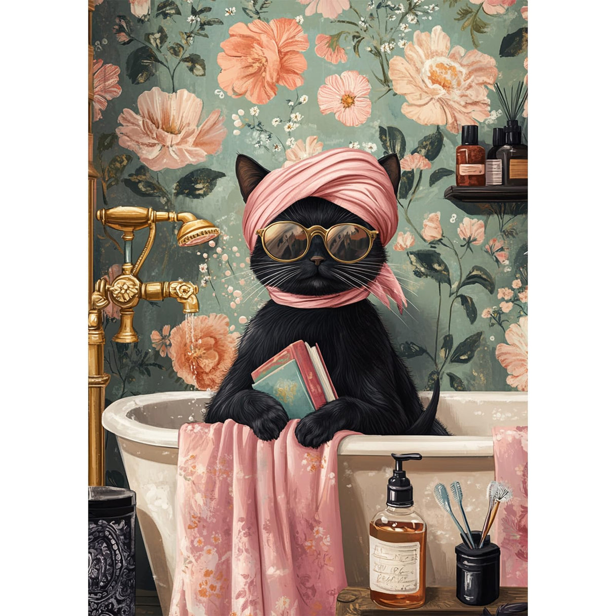 MEIYUDA Cat Diamond Art Kits for Adults, 5D Black Cat Diamond Art Kits for Beginners, DIY Cat Sitting in Bathtub Round Full Drill Diamond Gem Art with Painting Tools for Home Wall Decor 12x16 Inch MEIYUDA