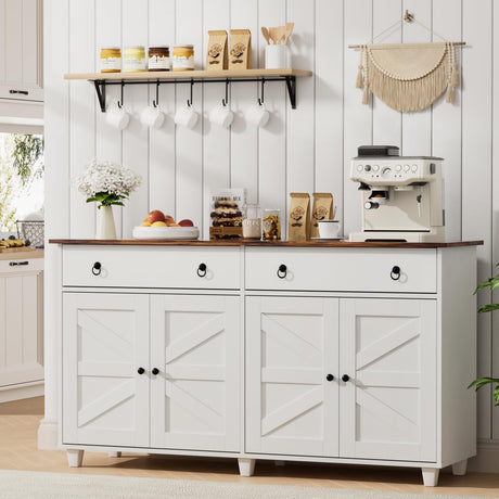 SYESWAY Buffet Cabinet with Storage, 55”Large Coffee Bar Cabinet with 2 Drawers and 4 Barn Doors, Adjustable Shelf, Modern Farmhouse Sideboard Buffet for Kitchen, Living Room, White SYESWAY