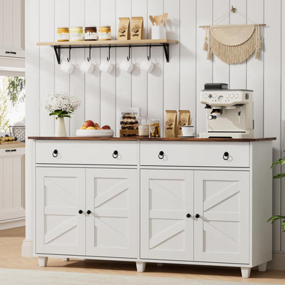 SYESWAY Buffet Cabinet with Storage, 55”Large Coffee Bar Cabinet with 2 Drawers and 4 Barn Doors, Adjustable Shelf, Modern Farmhouse Sideboard Buffet for Kitchen, Living Room, White
