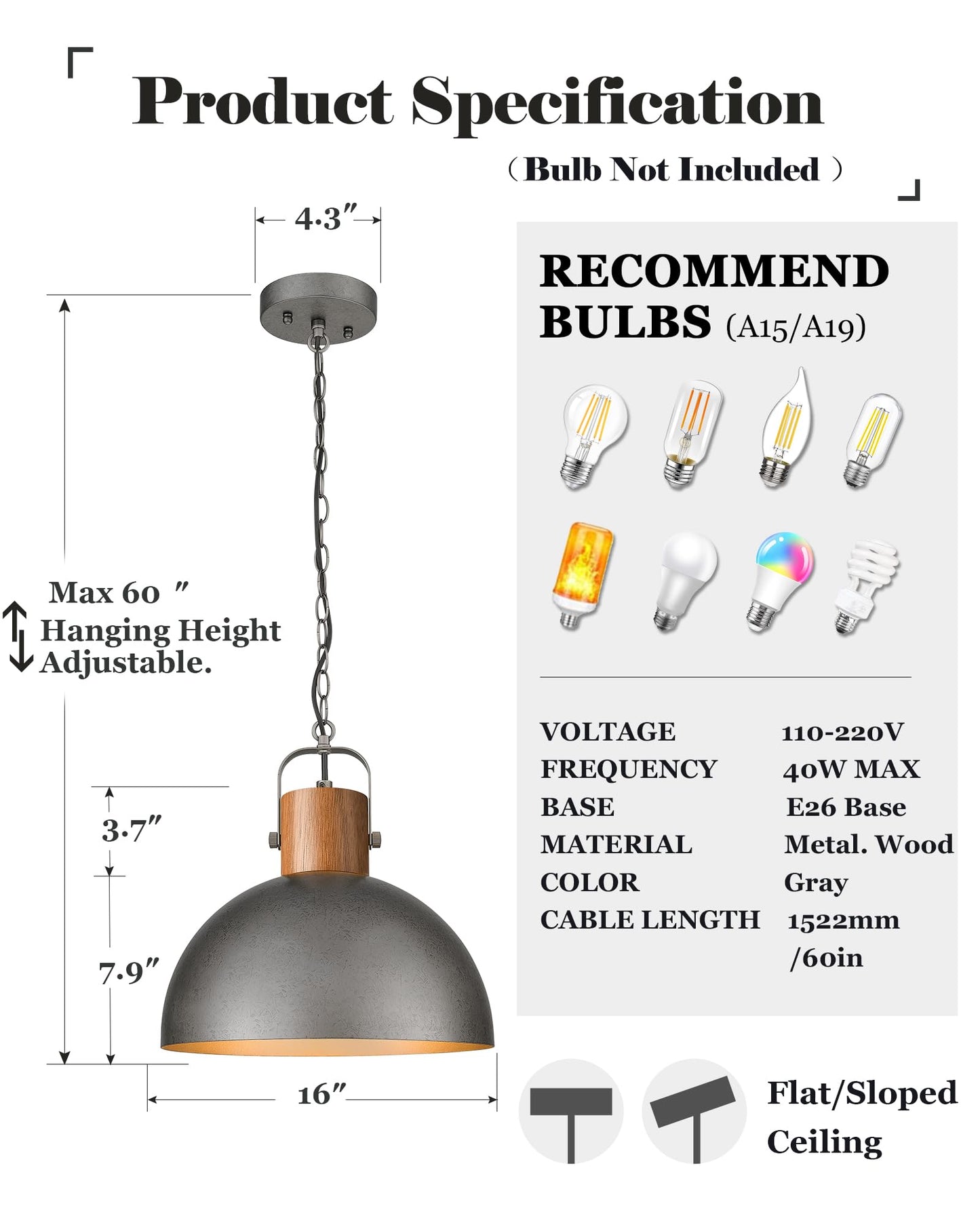 ELYONA Industrial Pendant Light Fixture, 16" Large Dome Hanging Lamp, Rubber Wood & Metal Farmhouse Chandelier for Kitchen Island Dining Room Living Room Hallway, Antique Silver Grey - WoodArtSupply