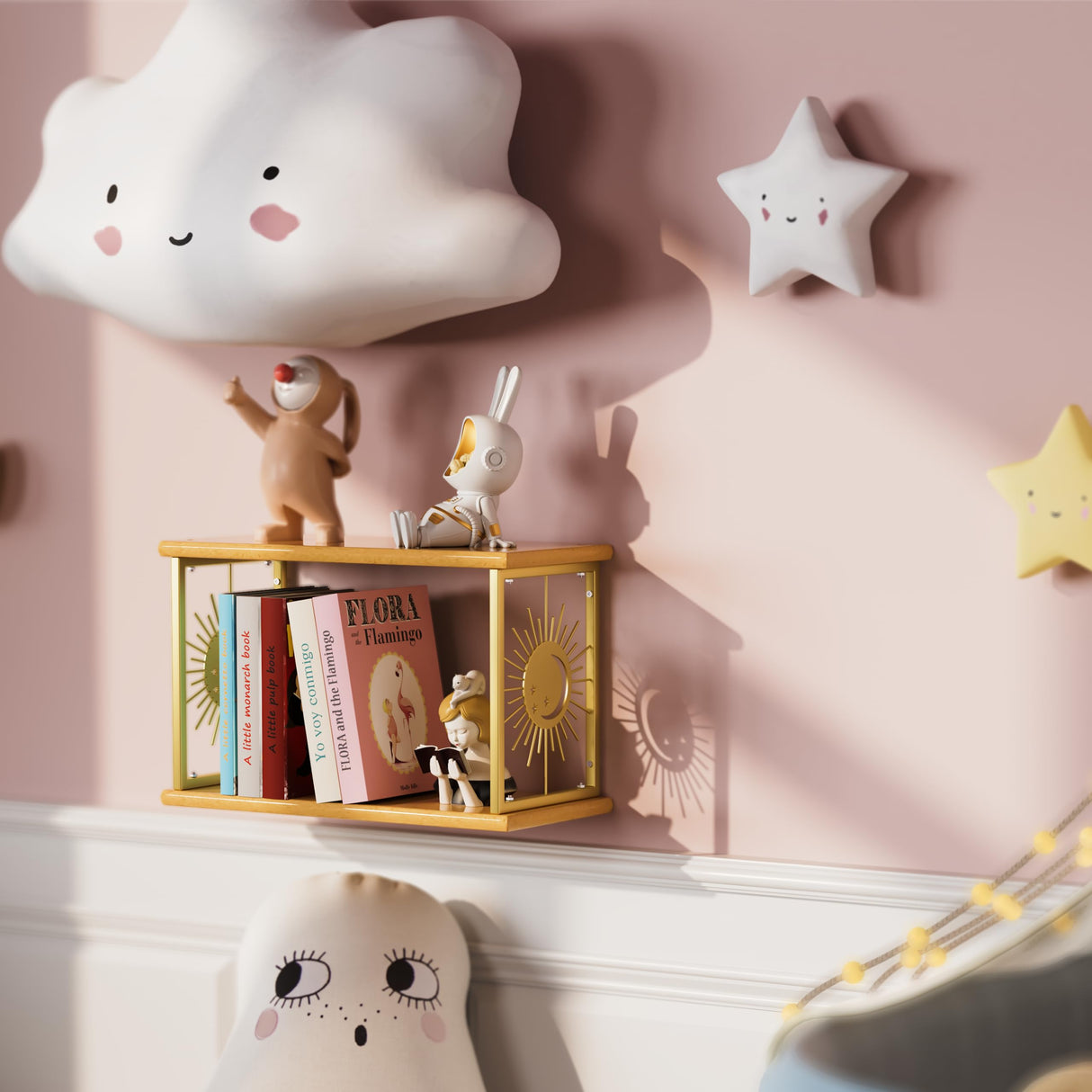 Floating Nightstand by Apresolar - Natural Solid Wood Bedside Table with Celestial Design and 2-Tier Shelf Apresolar