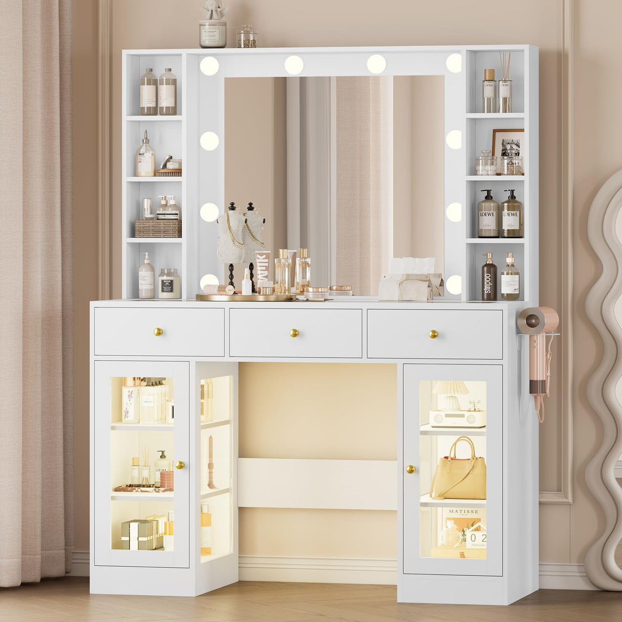 Wodeer Makeup Vanity Desk with Mirror and Lights, White Vanity with Glass Top, LED Lights & Power Outlet, 3 Drawers & 2 RGB Glass Cabinets, Adjustable Lighted Dressing Table for Women & Girls Bedroom Wodeer