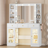 Wodeer Makeup Vanity Desk with Mirror and Lights, White Vanity with Glass Top, LED Lights & Power Outlet, 3 Drawers & 2 RGB Glass Cabinets, Adjustable Lighted Dressing Table for Women & Girls Bedroom Wodeer
