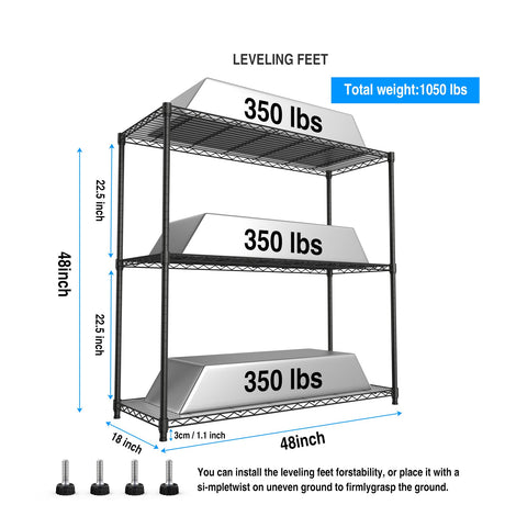 pouseayar Black NSF 3 Tier Metal Shelf Wire Shelving Unit, 1050lbs Heavy Duty Adjustable Storage Rack with Shelf Liners for Closet Kitchen Garage Basement Commercial Shelving - 48" H x 48" L x 18" D pouseayar