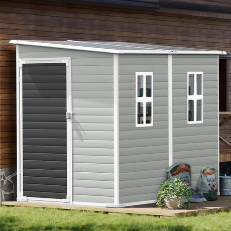 SELLERWE 8x4x6 FT Resin Lean to Shed, Waterproof Outdoor Storage Shed with Floor, Window, Lockable Door & 2 Windows, Tool Shed for Patio Garden, Lawn, Backyard, Dove Grey SELLERWE