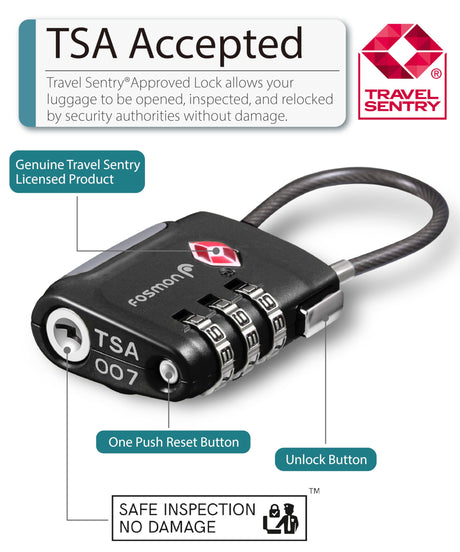 Fosmon TSA Approved Cable Locks for Luggage, Suitcase, Gun Case Lock with Push Release Button, 3 Digit Long Shackle Combination Wire Lock for Backpack Fosmon