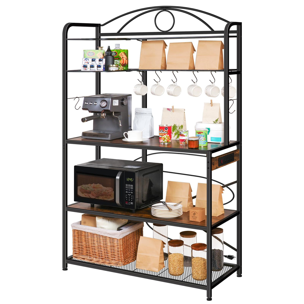 Home Limpidity Large Bakers Rack for Kitchen, 40-inch Wide Coffee Bar Station with Power Outlet, 5 Tier Microwave Stand Storage Shelf with S-Shaped Hooks, Metal Frame with Brown Wood Tabletop Home Limpidity