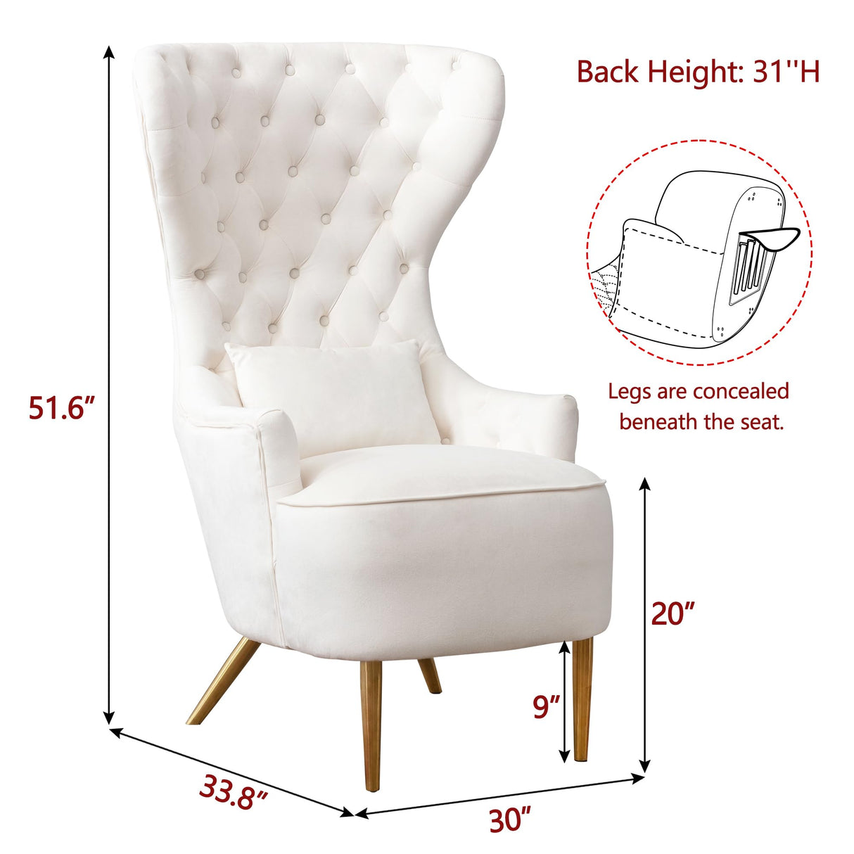KINWELL 30" W Velvet Tufted High Wingback Chairs Set of 2, Mid Century Modern Accent Armchairs with Gold Metal Legs & Toss Pillow for Living Room Dining Bedroom Apartment, Cream KINWELL