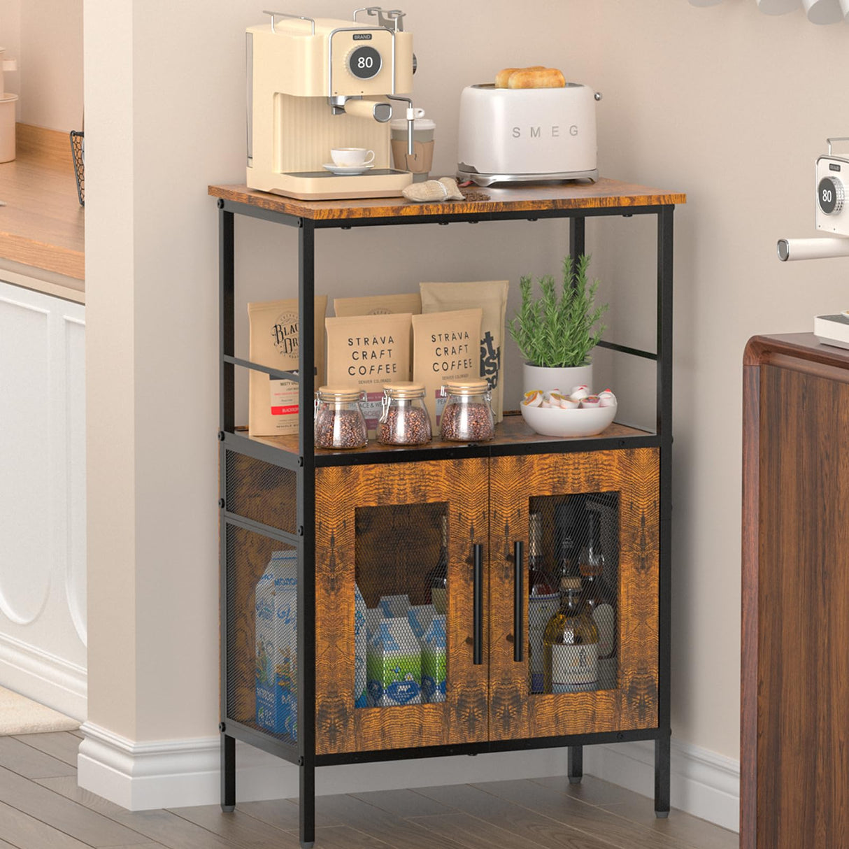 X-cosrack Buffets Coffee Bar Station, 3-Tier Small Coffee Stand Station with Storage, Farmhouse-Style Microwave Cart Featuring 2-Door Cabinet Ideal for Living Room, Entryway, Sideboards X-cosrack