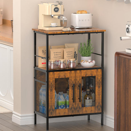 X-cosrack Buffets Coffee Bar Station, 3-Tier Small Coffee Stand Station with Storage, Farmhouse-Style Microwave Cart Featuring 2-Door Cabinet Ideal for Living Room, Entryway, Sideboards X-cosrack