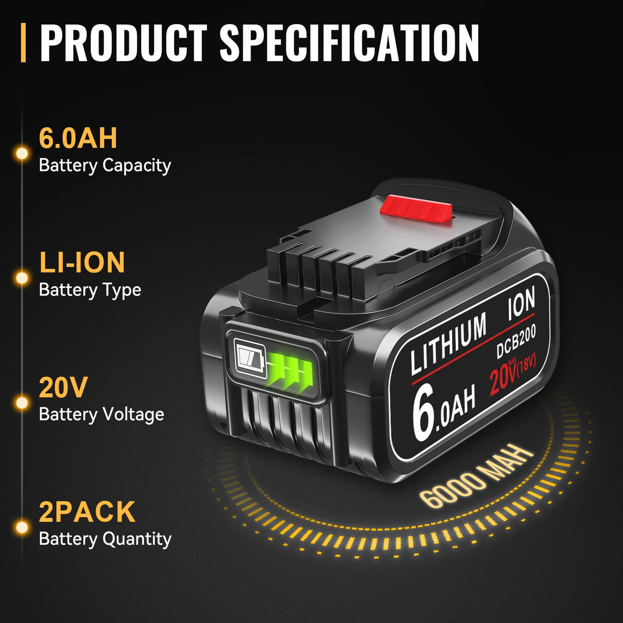 DASNITE 6.0Ah 20V Max Replacement for Dewalt 20V Max Battery Lithium Ion Compatible with Dewalt Batteries DCB200 DCB204 DCB206 DCB201 DCB203 DCD/DCF/DCG Series Cordless Power Tools(2-Pack) DASNITE