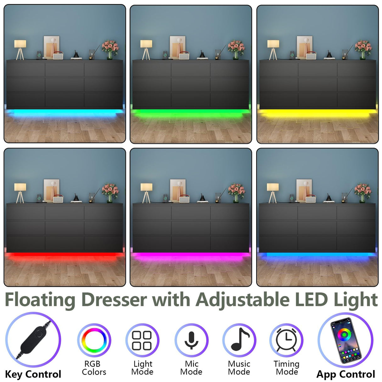 9 Drawer Dresser with Power Outlet,63'' Wide Floating Modern Dresser Chest of Drawers with LED Light,Wooden Dressers TV Stand,Double Wide Dressers Organizer for Bedroom,Living Room,Entryway (Black) Gyfimoie