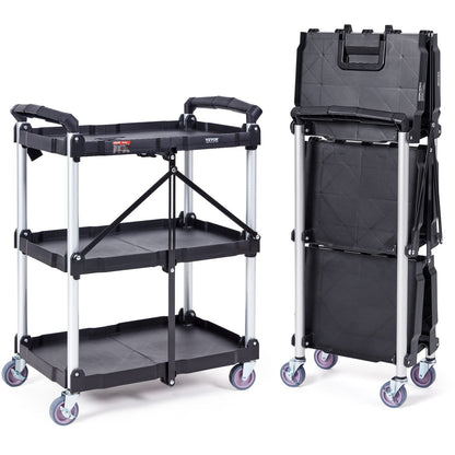 VEVOR Foldable Utility Service Cart, 3 Shelf 165LBS Heavy Duty Plastic Rolling Cart with 360° Swivel Wheels (2 with Brakes), Ergonomic Handle, - WoodArtSupply