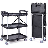 VEVOR Foldable Utility Service Cart, 165LBS 3 Shelf Heavy Duty Plastic Rolling Cart with 360° Swivel Wheels (2 with Brakes), Ergonomic Handle, Portable Garage Tool Cart for Warehouse Office Home VEVOR