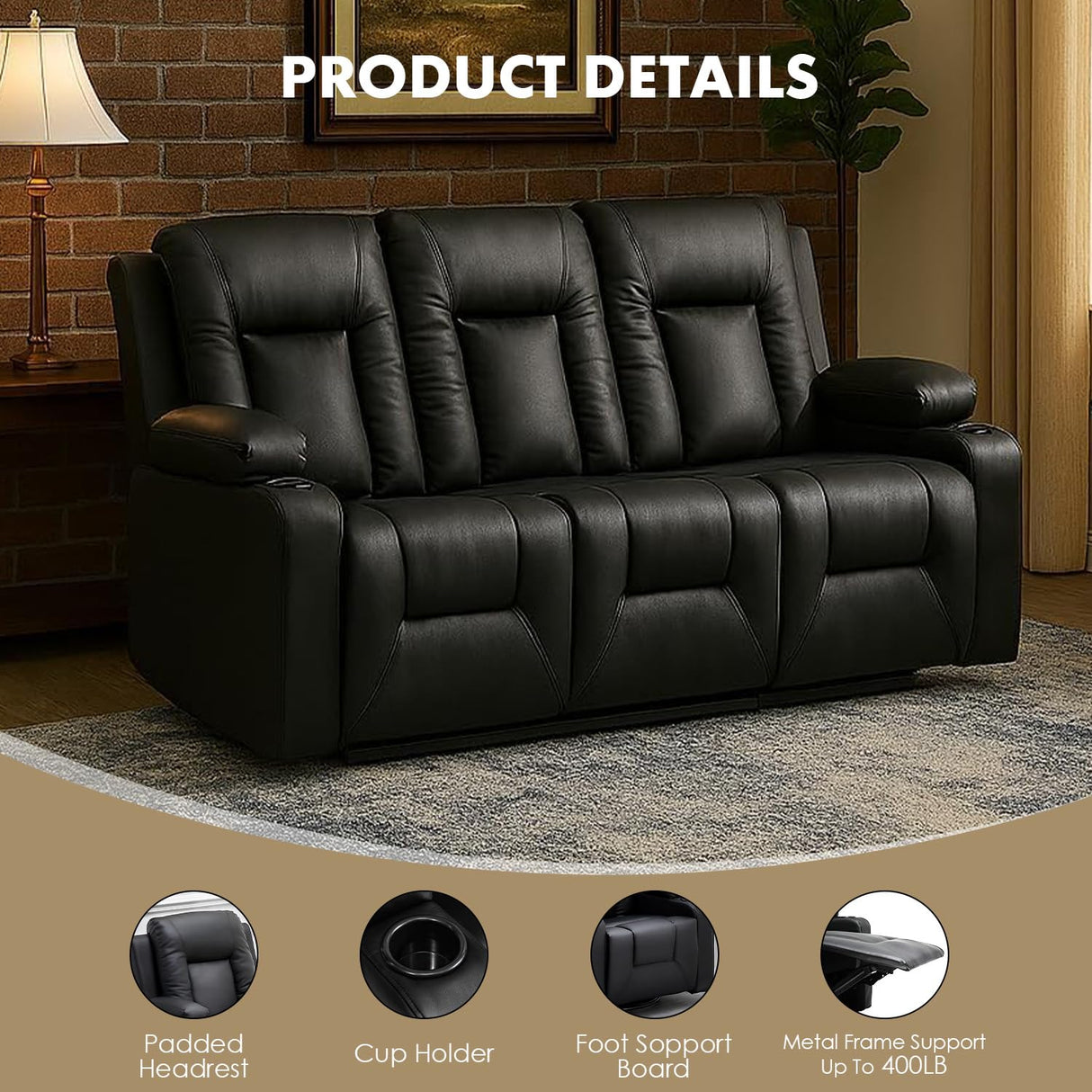 LUCKLIFE Leather Recliner Sofa Set with Manual Recliners,Living Room Furniture Set with Reclining Couch,Loveseat and Armchair,Living Room Chair with Cup Holders,Black (3+2) LUCKLIFE