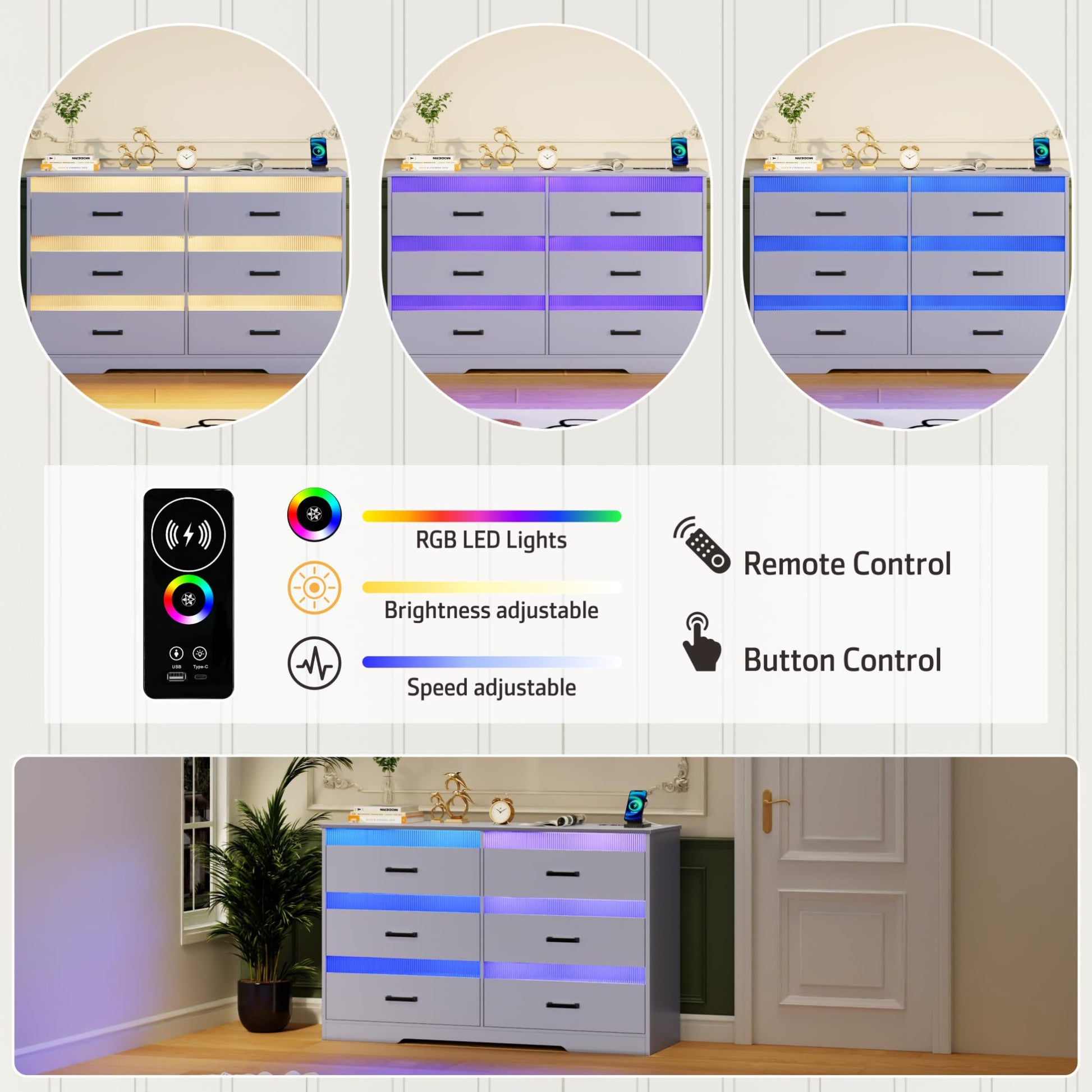 Grey Dresser for Bedroom with LED Light, 6 Drawer Large Chest of Drawers, Modern Dresser with Charging Station, Wood Bedroom Dresser for Closet/Living Room/Hallway - WoodArtSupply